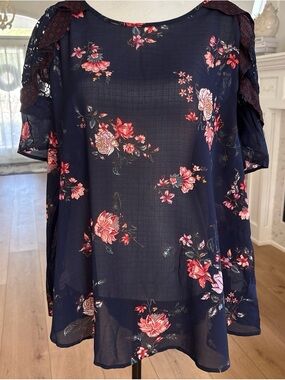 Jolt Women’s Navy Floral Semi Sheer Blouse